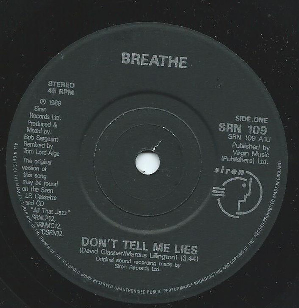 Breathe - Don't Tell Me Lies - Used Vinyl Record 7" image 1