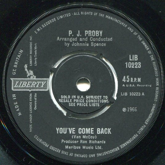 P.J. Proby - You've Come Back - Used Vinyl Record 7" image 1