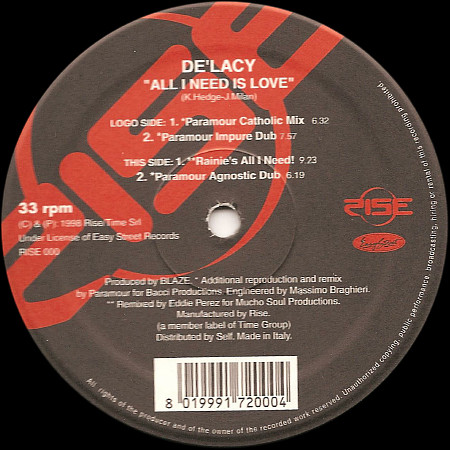 De'Lacy - All I Need Is Love - Used Vinyl Record 12" image 1