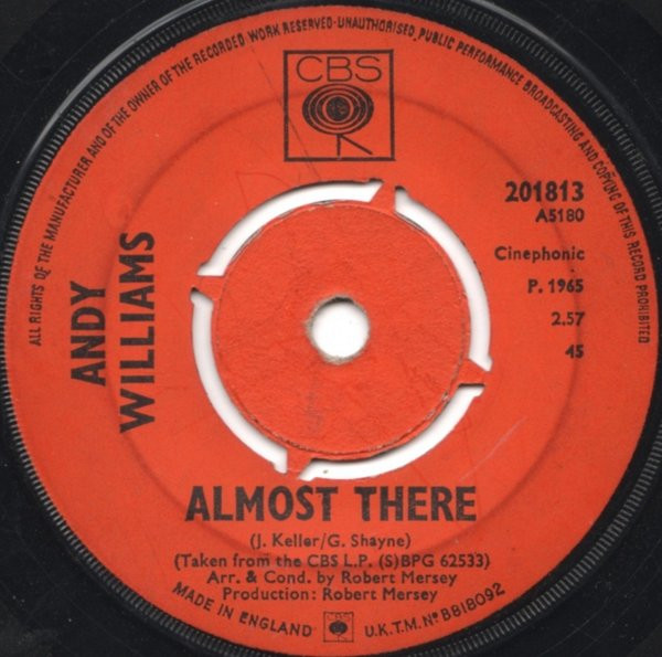 Andy Williams - Almost There - Used Vinyl Record 7" image 1