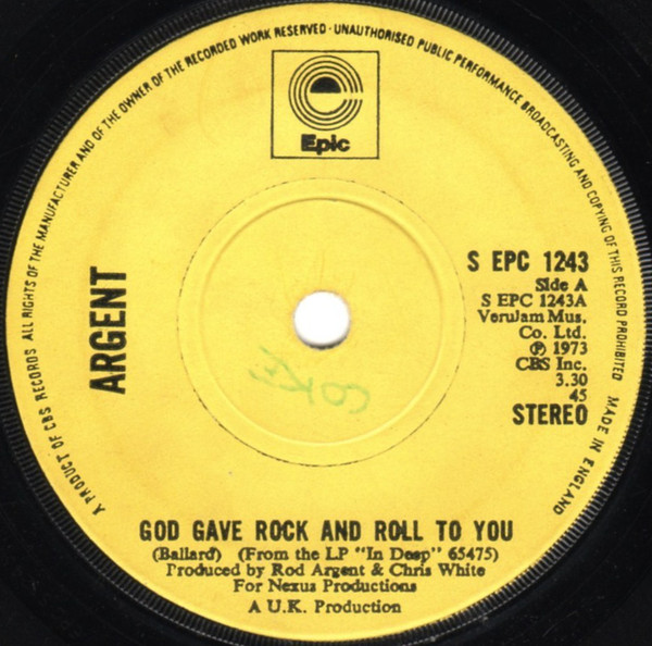 Argent - God Gave Rock And Roll To You - Used Vinyl Record 7" image 1