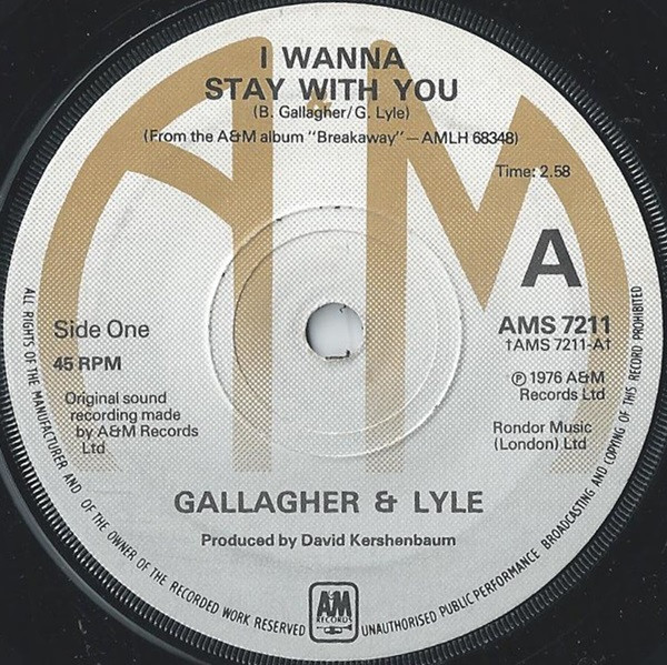 Gallagher & Lyle - I Wanna Stay With You - Used Vinyl Record 7" image 1
