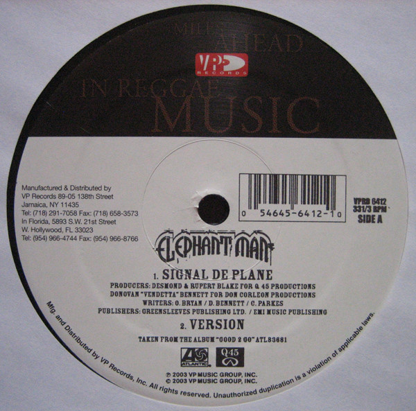 Elephant Man - Signal De Plane / Cock Up Your Bumper (Remix) - Vinyl image 1