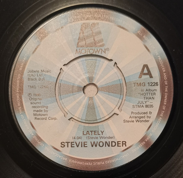 Stevie Wonder - Lately - Used Vinyl Record 7" image 1