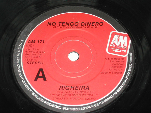 Righeira - No Tengo Dinero - Used Vinyl Record 7" image 1