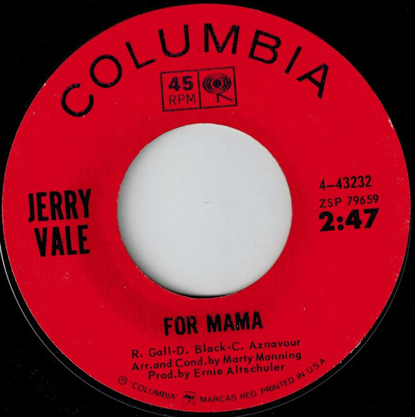 Jerry Vale - For Mama / Ti Adoro - Used Vinyl Record 7" image 1