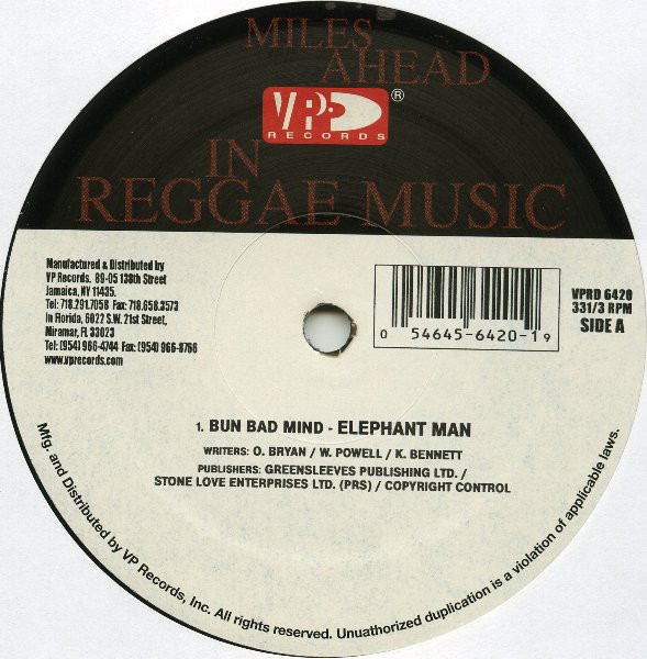 Elephant Man - Bun Bad Mind / Hate Mi - Vinyl Record 12" image 1