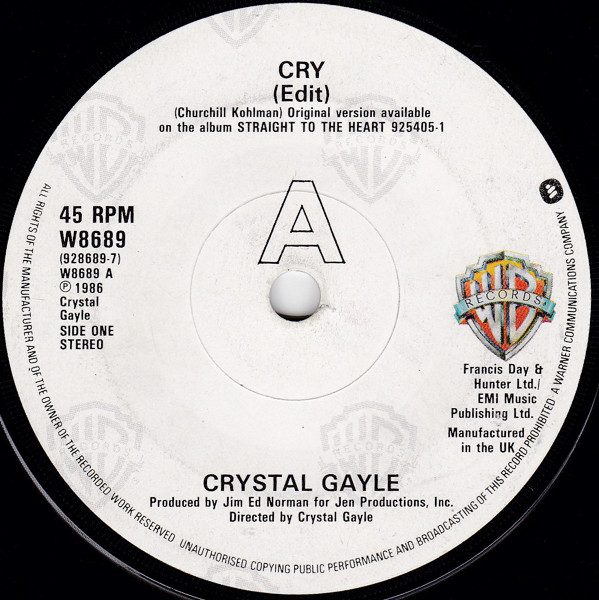 Crystal Gayle - Cry - Used Vinyl Record 7" image 1