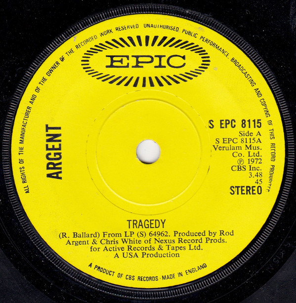 Argent - Tragedy - Used Vinyl Record 7" image 1