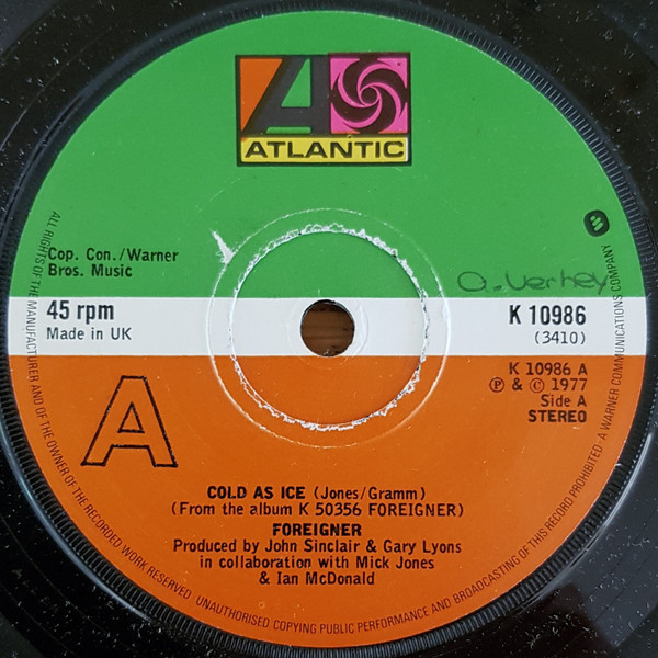 Foreigner - Cold As Ice - Used Vinyl Record 7" image 1