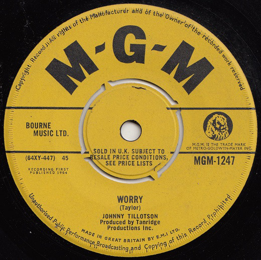 Johnny Tillotson - Worry - Used Vinyl Record 7" image 1