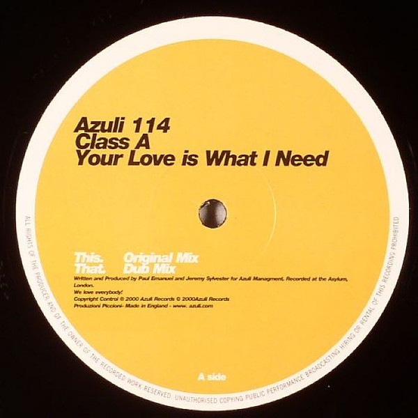 Class A - Your Love Is What I Need - Used Vinyl Record 12" image 1