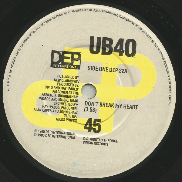 UB40 - Don't Break My Heart - Used Vinyl Record 7" image 1