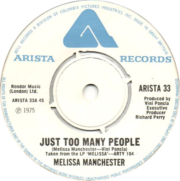 Melissa Manchester - Just Too Many People - Used Vinyl Record 7" image 1