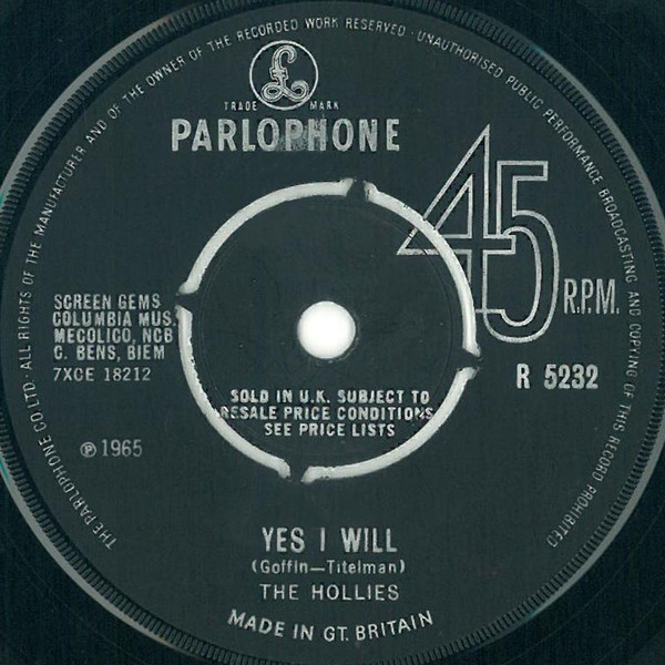 Hollies - Yes I Will - Used Vinyl Record 7" image 1