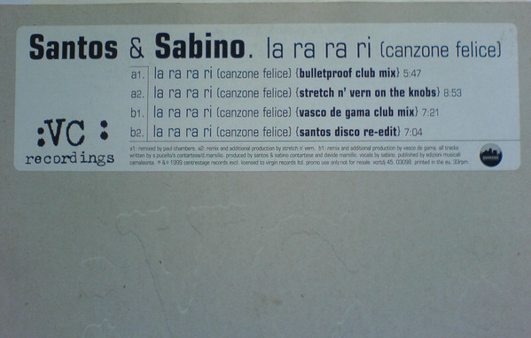 Santos & Sabino - La Ra Ra Ri (Canzone Felice) - Used Vinyl R image 1
