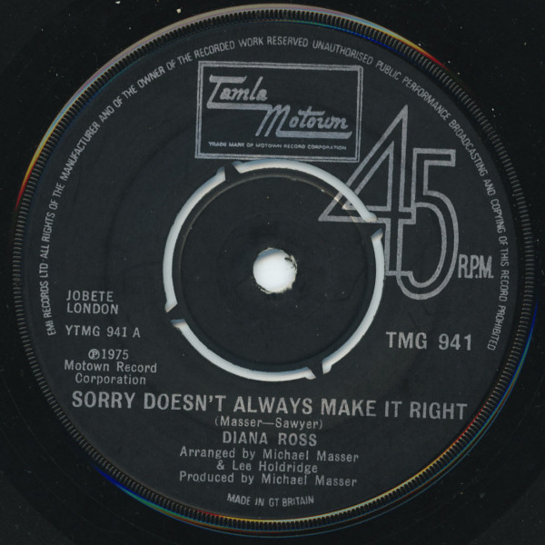Diana Ross - Sorry Doesn't Always Make It Right - Used Vinyl Record 7 image 1