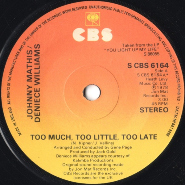 Johnny Mathis - Too Much, Too Little, Too Late - Used Vinyl Record 7" image 1