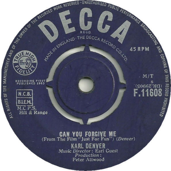 Karl Denver - Can You Forgive Me - Used Vinyl Record 7" image 1