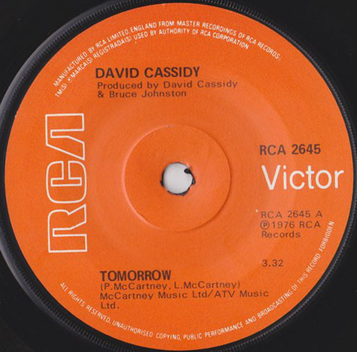 David Cassidy - Tomorrow - Used Vinyl Record 7" image 1