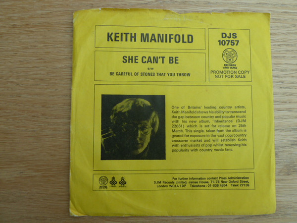 Keith Manifold - she can't be - Used Vinyl Record 7" image 1