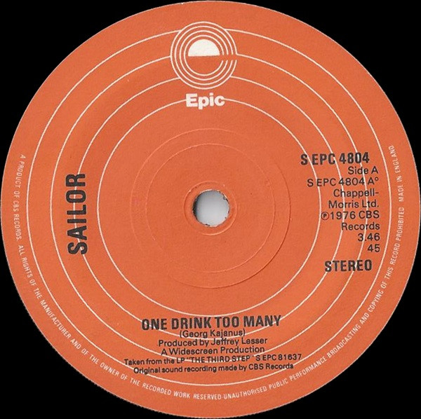 Sailor - One Drink Too Many - Used Vinyl Record 7" image 1