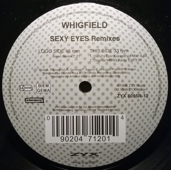 Whigfield - Sexy Eyes (Remixes) - Used Vinyl Record 12" image 1