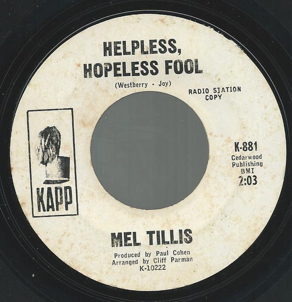 Mel Tillis - Helpless, Hopeless Fool - Used Vinyl Record 7" image 1