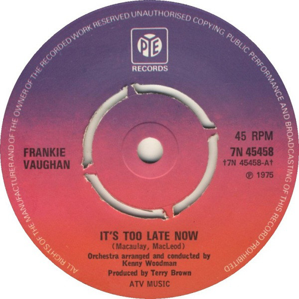 Frankie Vaughan - It's Too Late Now - Used Vinyl Record 7" image 1