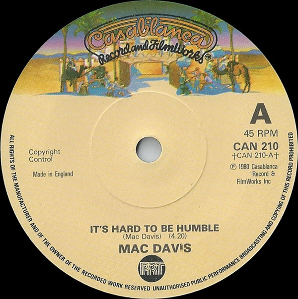 Mac Davis - It's Hard To Be Humble - Used Vinyl Record 7" image 1