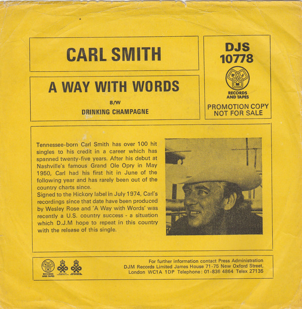Carl Smith - A Way With Words - Used Vinyl Record 7" image 1