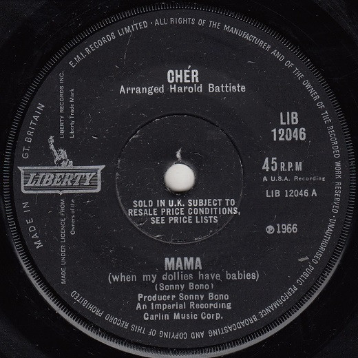 Cher - Mama (When My Dollies Have Babies) - Used Vinyl Record 7" image 1