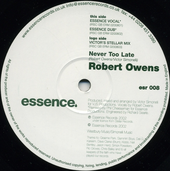 Robert Owens - Never Too Late - Vinyl Record 12" image 3