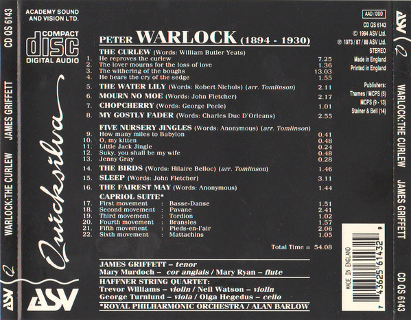 Peter Warlock - Curlew • 12 Songs • Capriol Suite - Used CD image 2