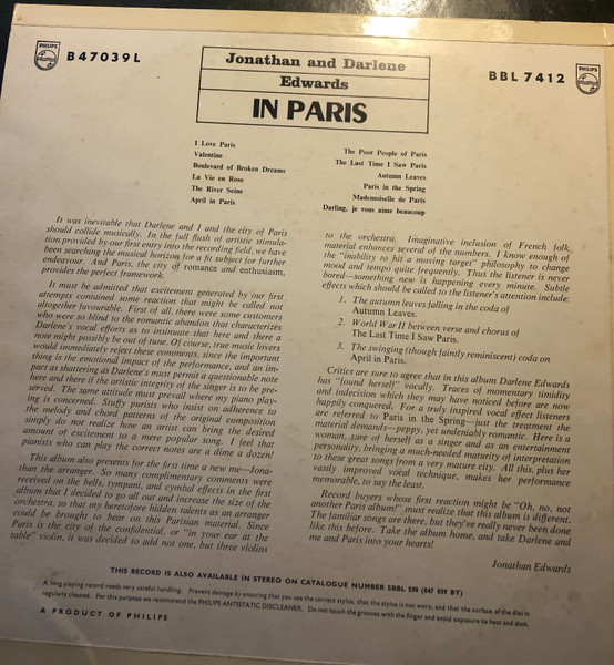 Jonathan And Darlene - In Paris - Used Vinyl Record image 2