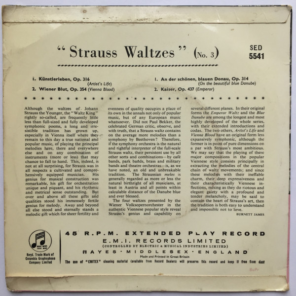Wiener Volksopernorc - Strauss Waltzes (No. 3) - Used Vinyl Record 7" image 2