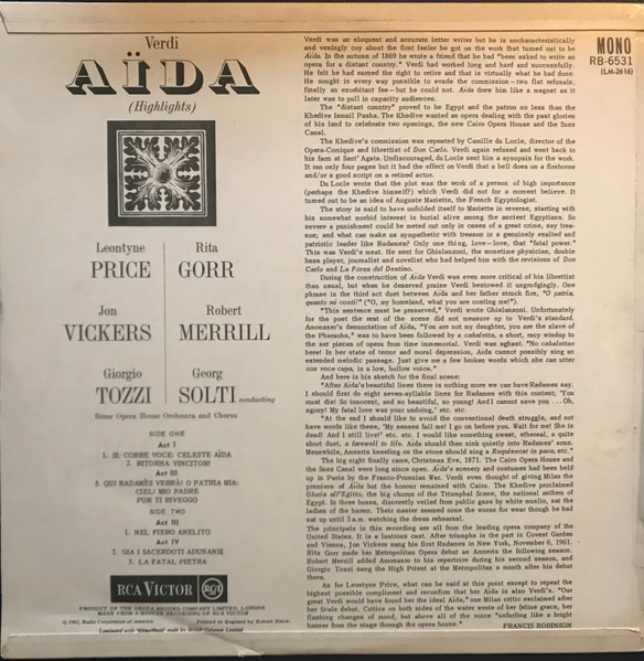Giuseppe Verdi - Aida Highlights - Used Vinyl Record image 2