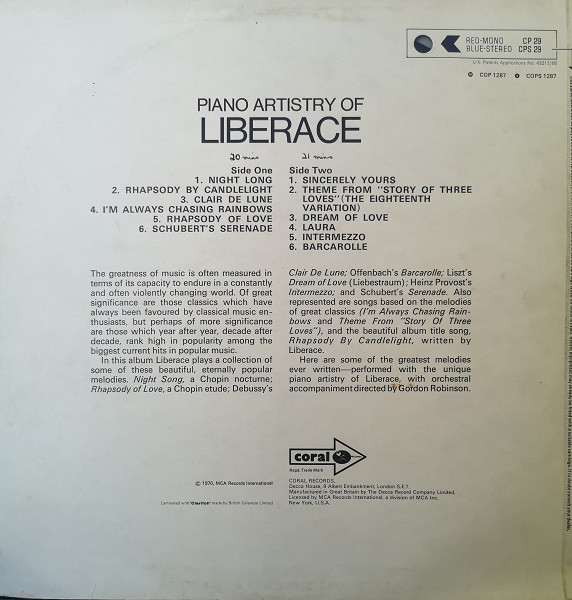 Liberace - Rhapsody By Candlelight - Used Vinyl Record image 2