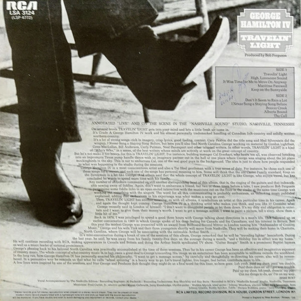 George Hamilton IV - Travelin' Light - Used Vinyl Record image 2