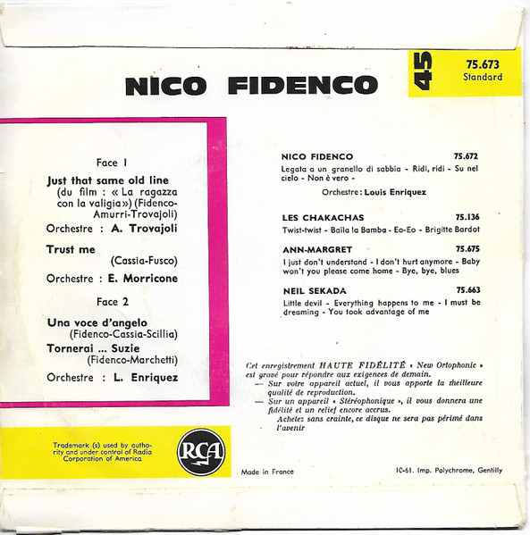 Nico Fidenco - Just That Same Old Line - Used Vinyl Record 7" image 2
