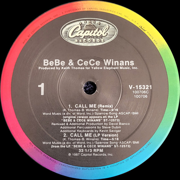 Bebe & Cece Winans - Call Me - Used Vinyl Record 12" image 2