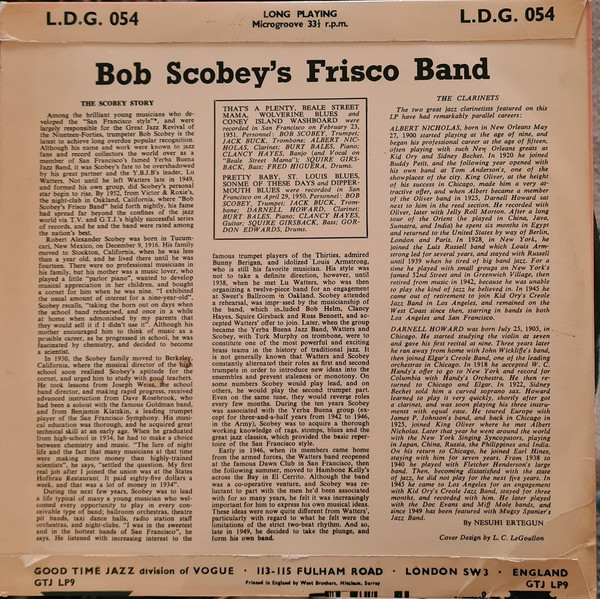 Bob Scobey's Frisco - Good Time Jazz Scobey No.1 - Used Vinyl Record image 2