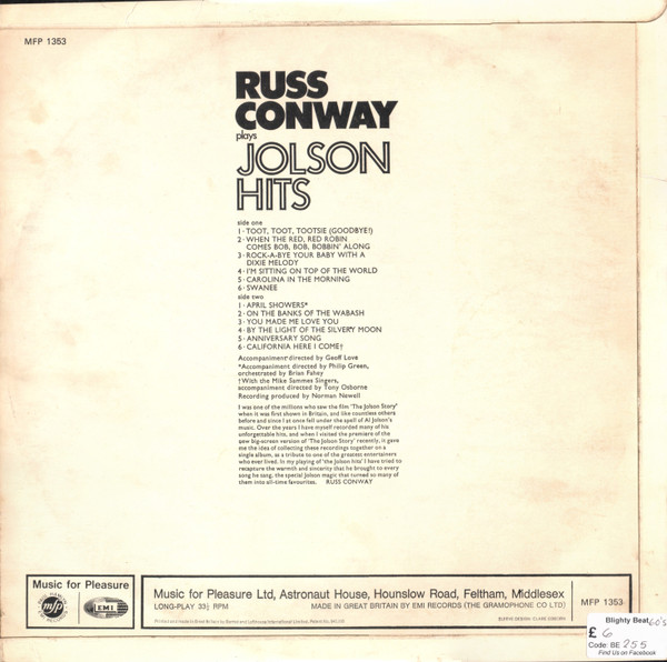 Russ Conway - Plays Jolson Hits - Used Vinyl Record image 2