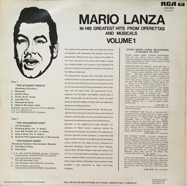Mario Lanza - In His Greatest Hits From Operettas And Musicals Volum image 2