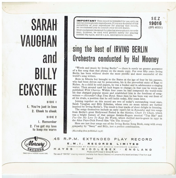 Sarah Vaughan - Sing The Best Of Irving Berlin - Used Vinyl Record 7" image 2