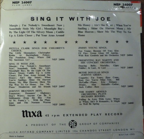 Joe 'Mr Piano' Hende - Sing It With Joe - Used Vinyl Record 7" image 2