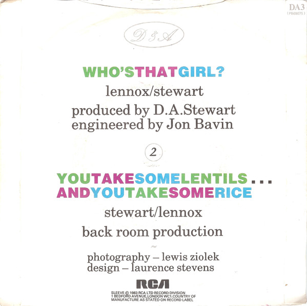 Eurythmics - Who's That Girl? - Used Vinyl Record 7" image 2