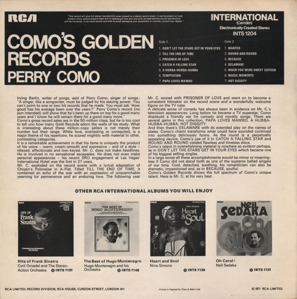 Perry Como - Como's Golden Records - Used Vinyl Record image 2