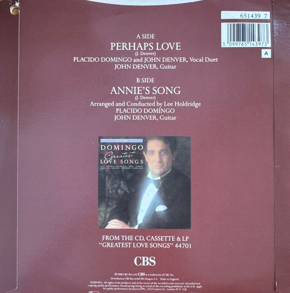 Placido Domingo - Perhaps Love / Annie's Song - Used Vinyl Record 7" image 2