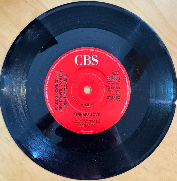 Placido Domingo - Perhaps Love / Annie's Song - Used Vinyl Record 7" image 3